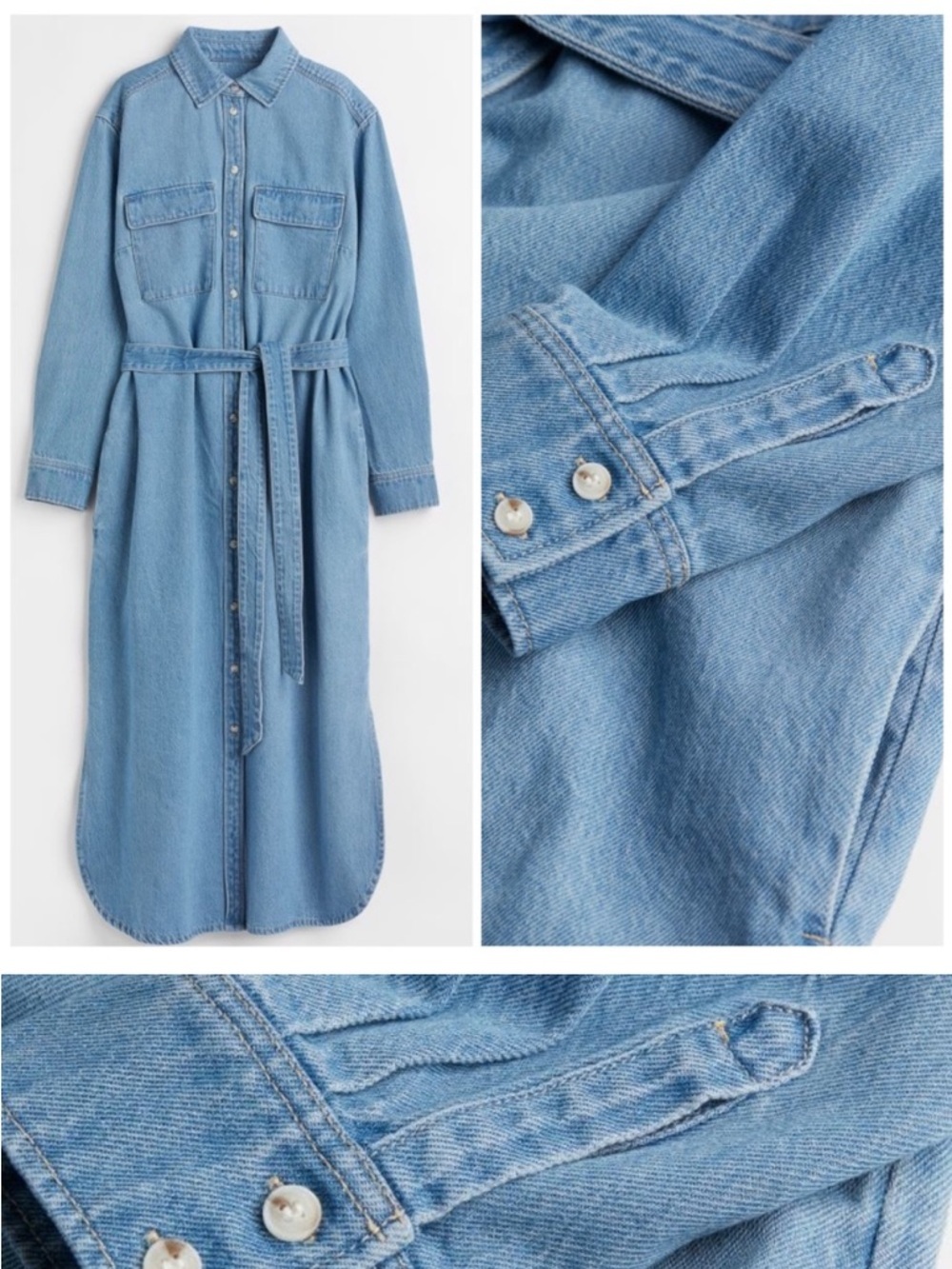 Washed Light Blue Denim Shirt Midi Dress with Tie Belt - Picture 4 of 4